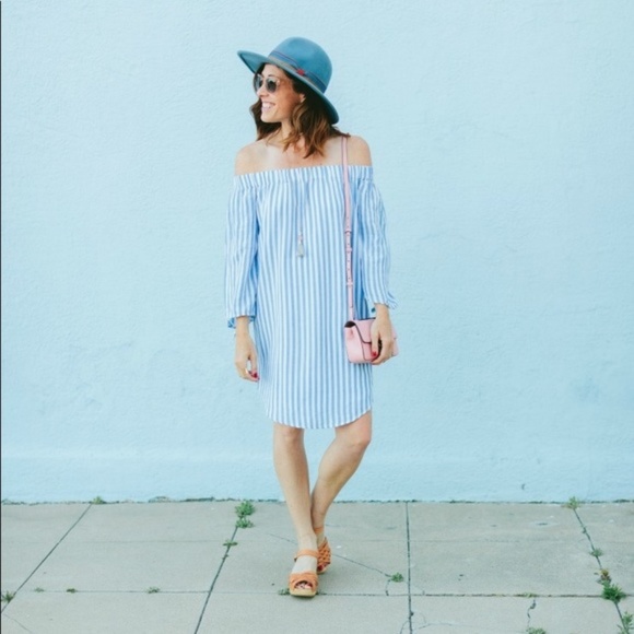 blue and white striped off the shoulder dress